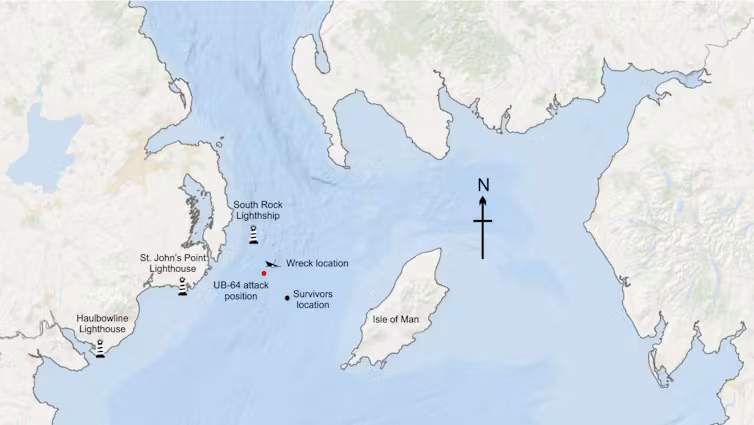 A Map Of The Irish Sea Illustrating The Wreck Location, The Recorded U Boat Position At The Time Of