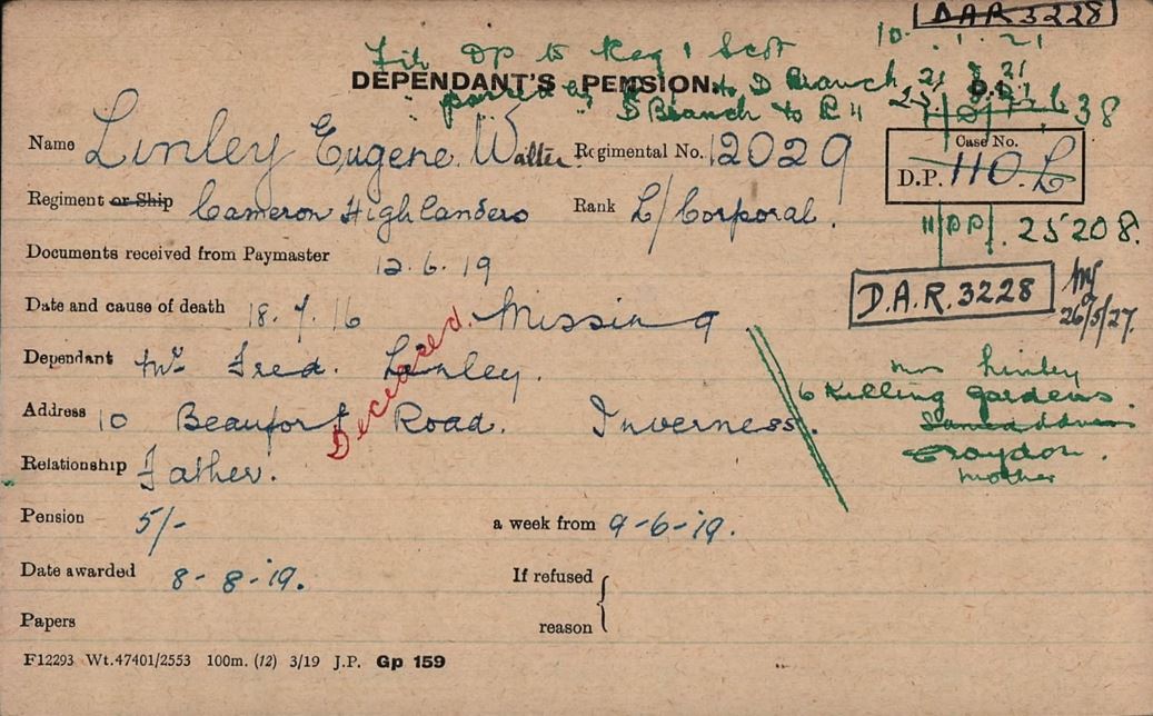 Eugene Linley's Pension Record Card