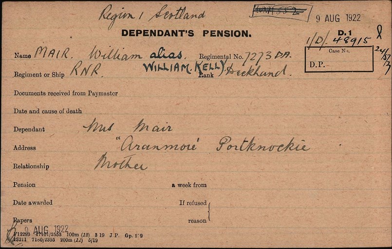 Pension Card For William Mair