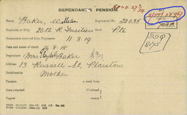 William Baker Pension Record Card