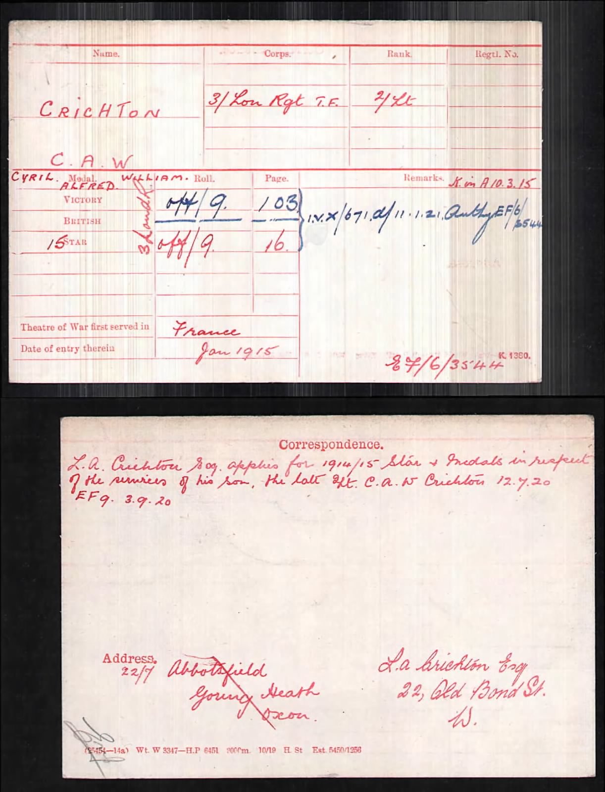 Cyril Alfred William Crichton Medal Index