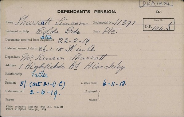 Simeon Sharratt Pension Card