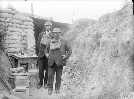 Bottomley and his secretary wearing gas masks in a trench near Athies (Q2808 And Q2809)