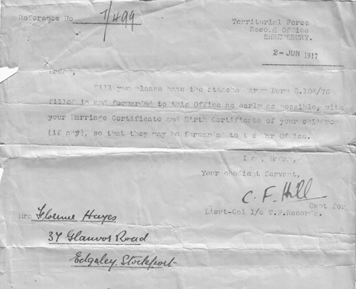 Figure 13. Letter accompanying form B 104-76 from Territorial Force Record Office 2nd June 1917