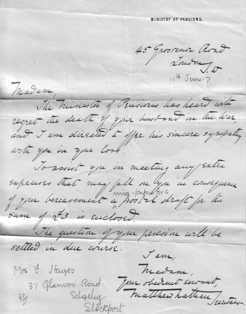 Figure 16. Gratuity from Ministry of Pensions 11th June 1917