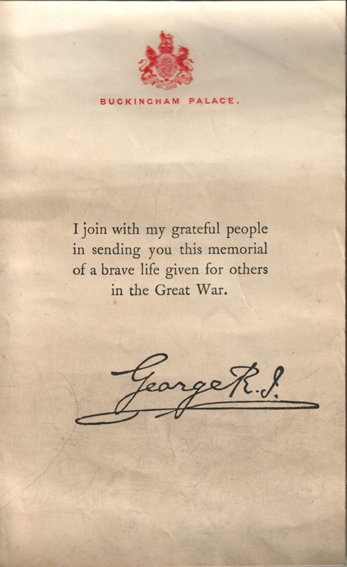 Figure 38. The 1914-18 Memorial Plaque (the “widow’s or dead-man’s penny”) and covering letter.