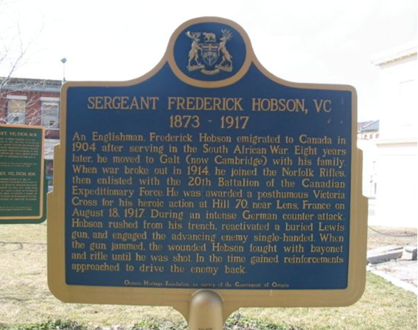 Sergeant Frederick Hobson VC at Valour Place, Ainslie Street South, Cambridge, Ontario