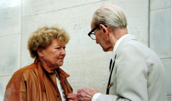 Tyne Cot. Lyn Macdonald with John Arthur 'Jack' Willson MM at the 7th Anniversary of the Battle of Passchendaele