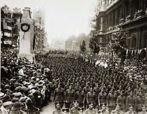 Soldiers and sailors of all the allied countries march past the Cenotaph. Pic: National Archives.