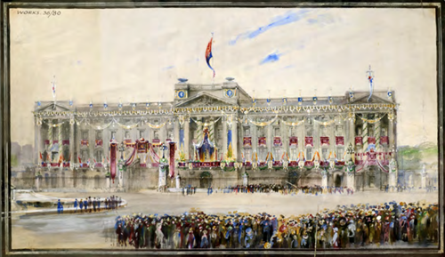 Buckingham Palace decorated for the Victory Parade. Pic: National Archives.