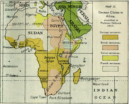 Map of British, German, Italian and French dominions in Africa during the First World War