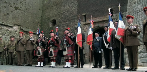 At the Chateau Gate (Left to Right: The 10th Essex; The Light Dragoons; The Jocks; Les Associations Patriotiques de Portes-Drapeaux; The Light Dragoons).