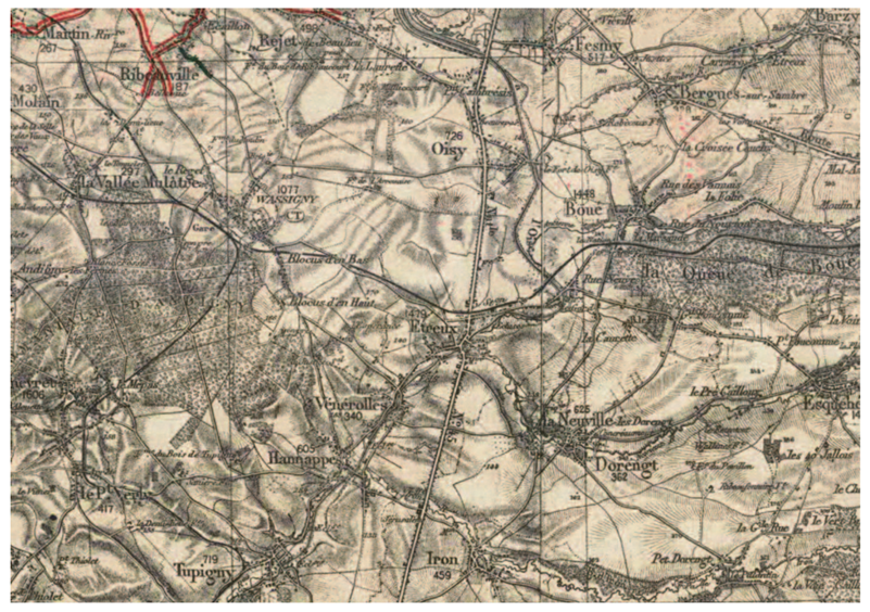 Map 1: Iron, Etreux and the surrounding area as they appeared on a 1917 German Army map. La Queue de Boué is the western end of the Nouvion Forest.