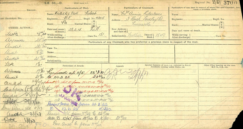Pension Card for Pte Robert Robinson