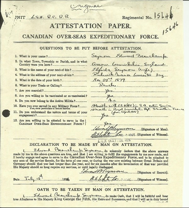 Lord Edward's Attestation In The CEF Dated 12 July 1916.