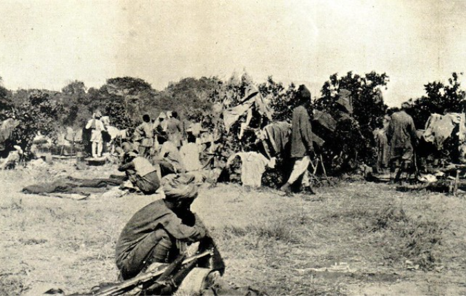 Indian Army 29th Punjabi sepoys resting after Soko-Nassai battle, March 1916