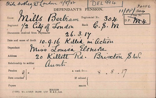 Mills Penson Record Card