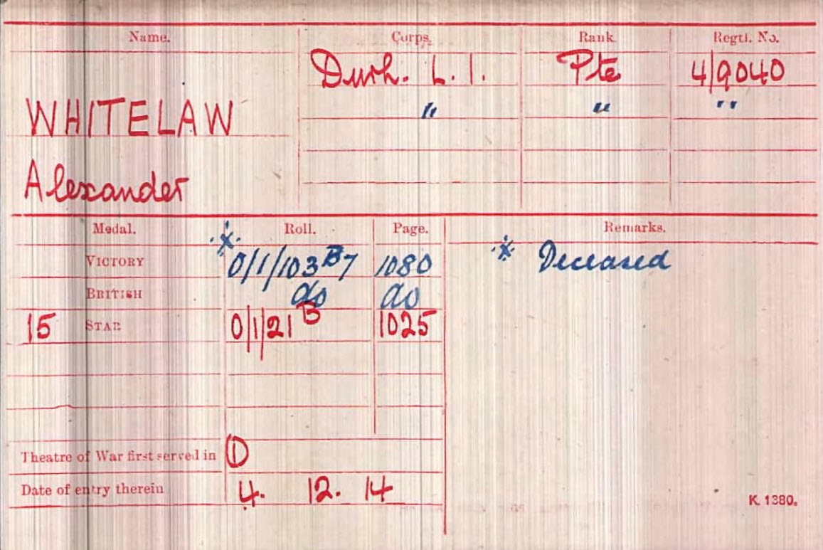 Alexander Whitelaw Medal Card