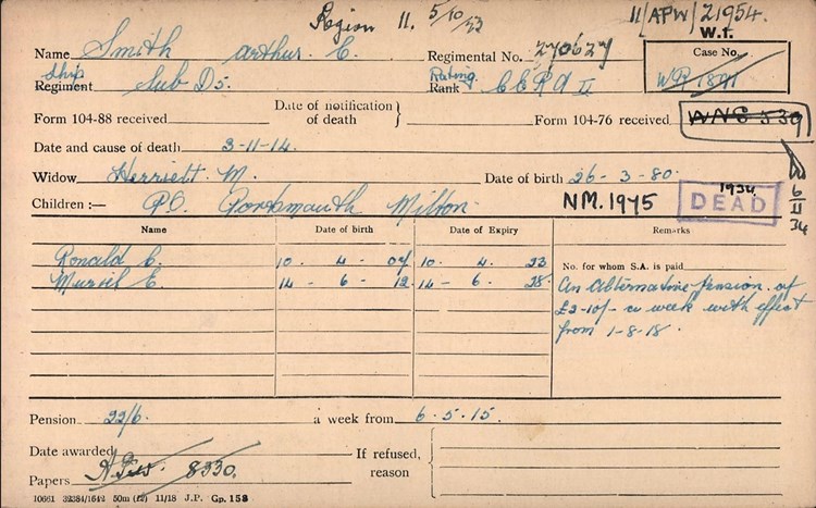 Pension Record Card For Arthur Cecil Smith