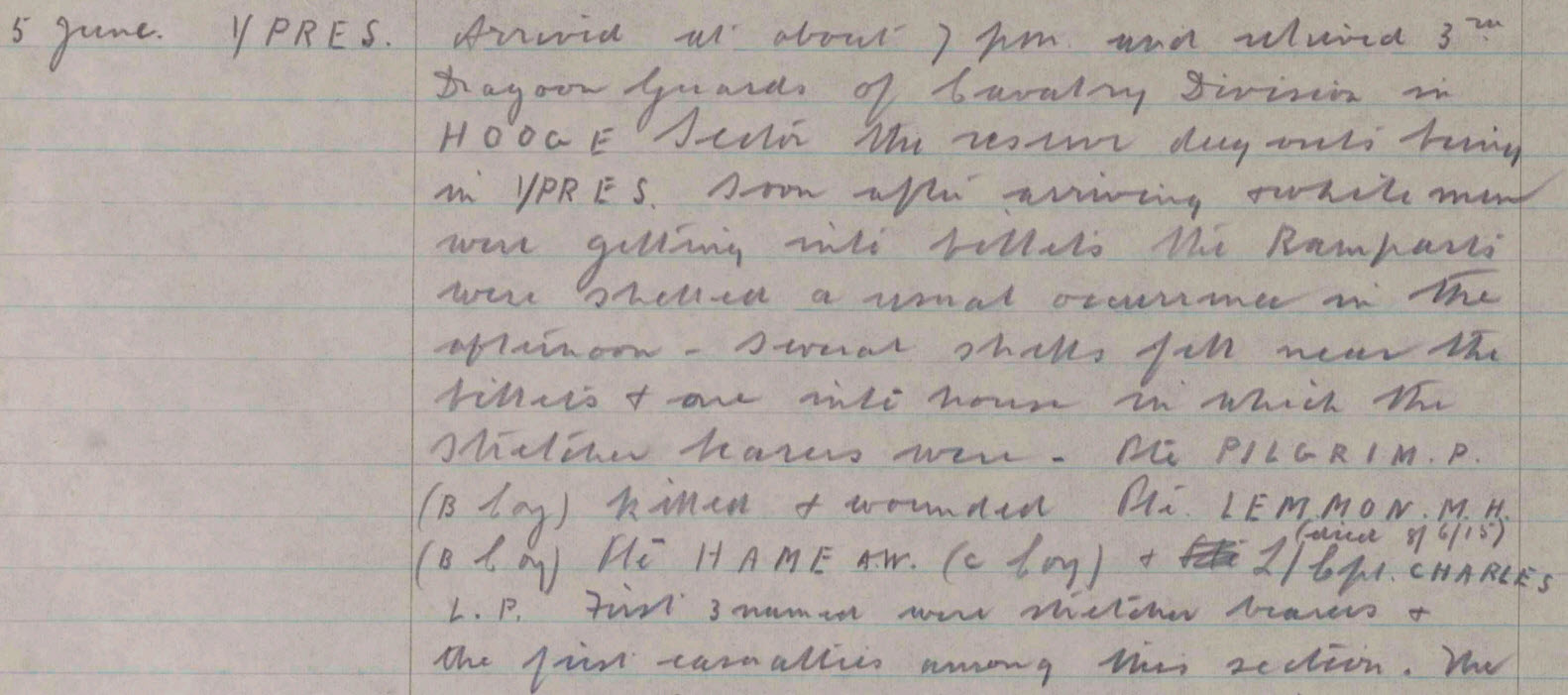 Extract From 1St HAD War Diary For 5 June 1915