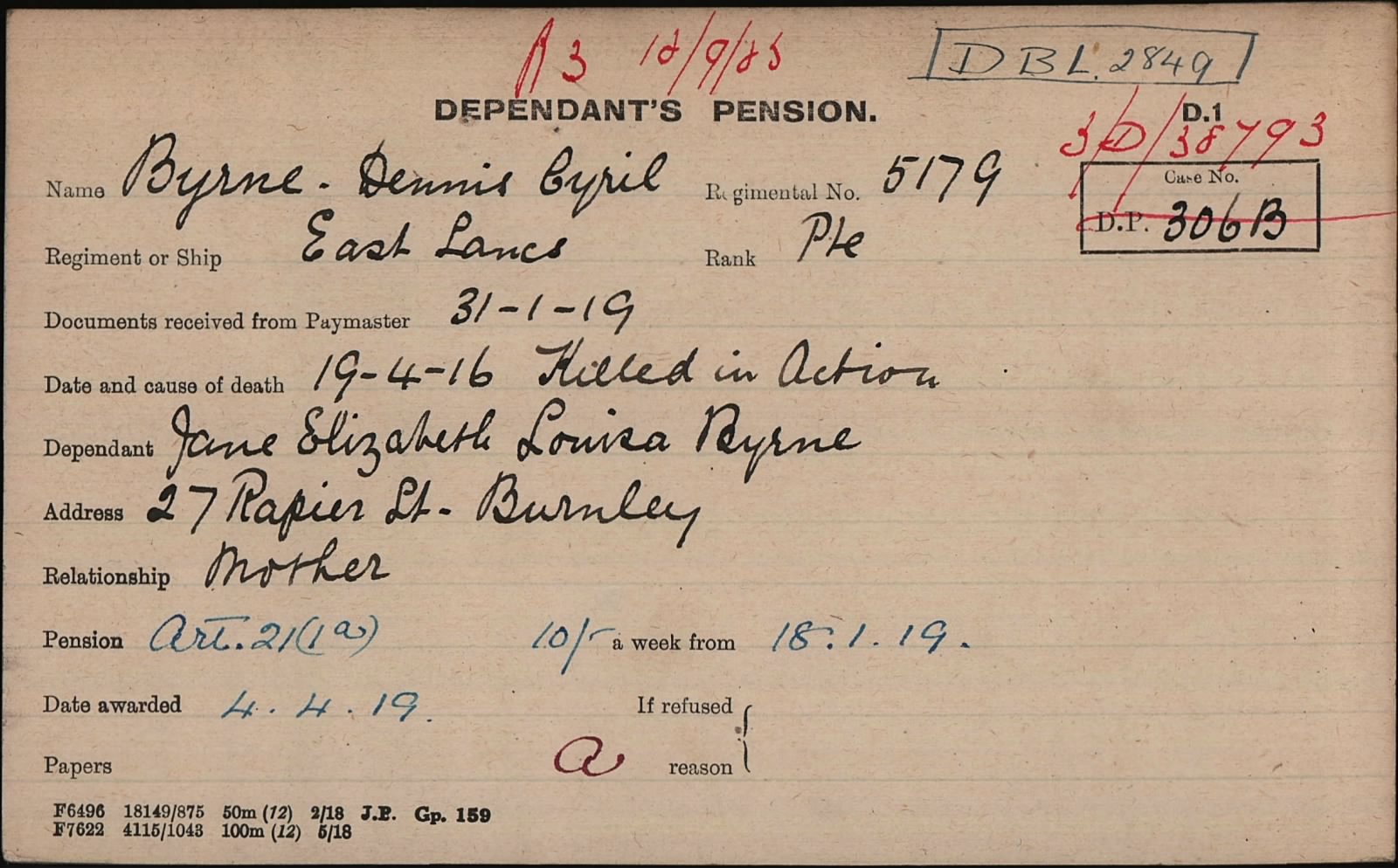 Dennis Cyril Byrne Pension Card (1)