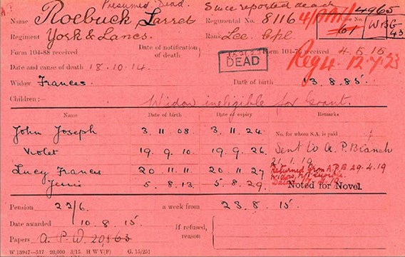 The Pension Record Card Showing The Entitlement Of The Pension For Larrett's Widow, Frances