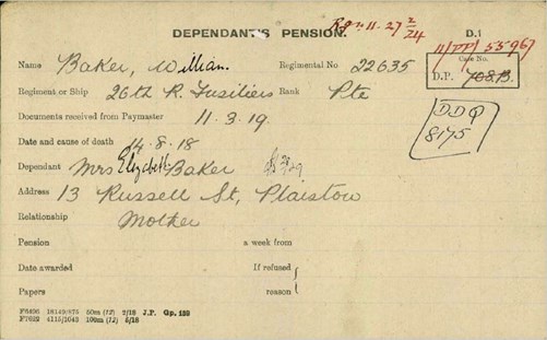 William Baker Pension Record Card