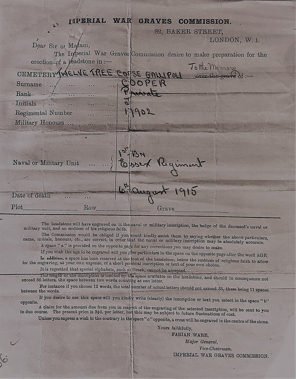 IWGC letter regarding memorial stone.