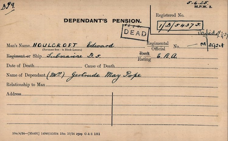 Pension Record Cards For Edward Houlcroft