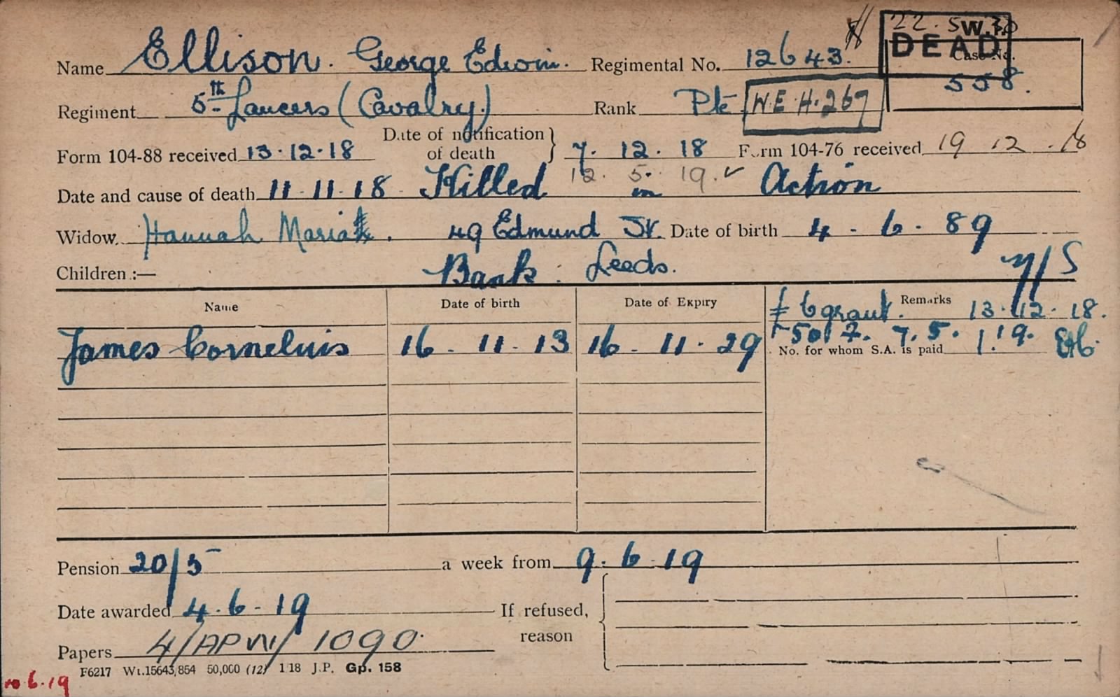 George Ellisons Pension Record Card