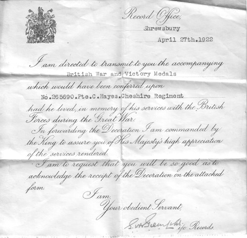 British War And Victory Medal Awarded Posthumously 27 April 1922