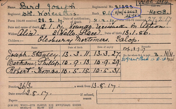Joseph Bird Pension Record Card