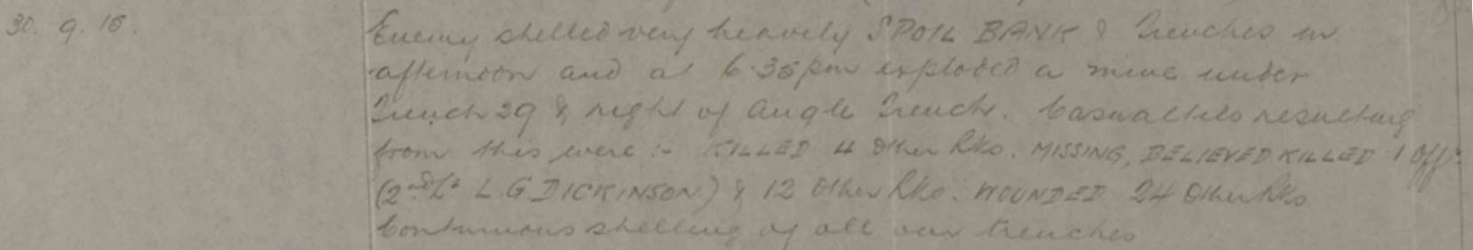 Battalion War Diary, 30 September 1915