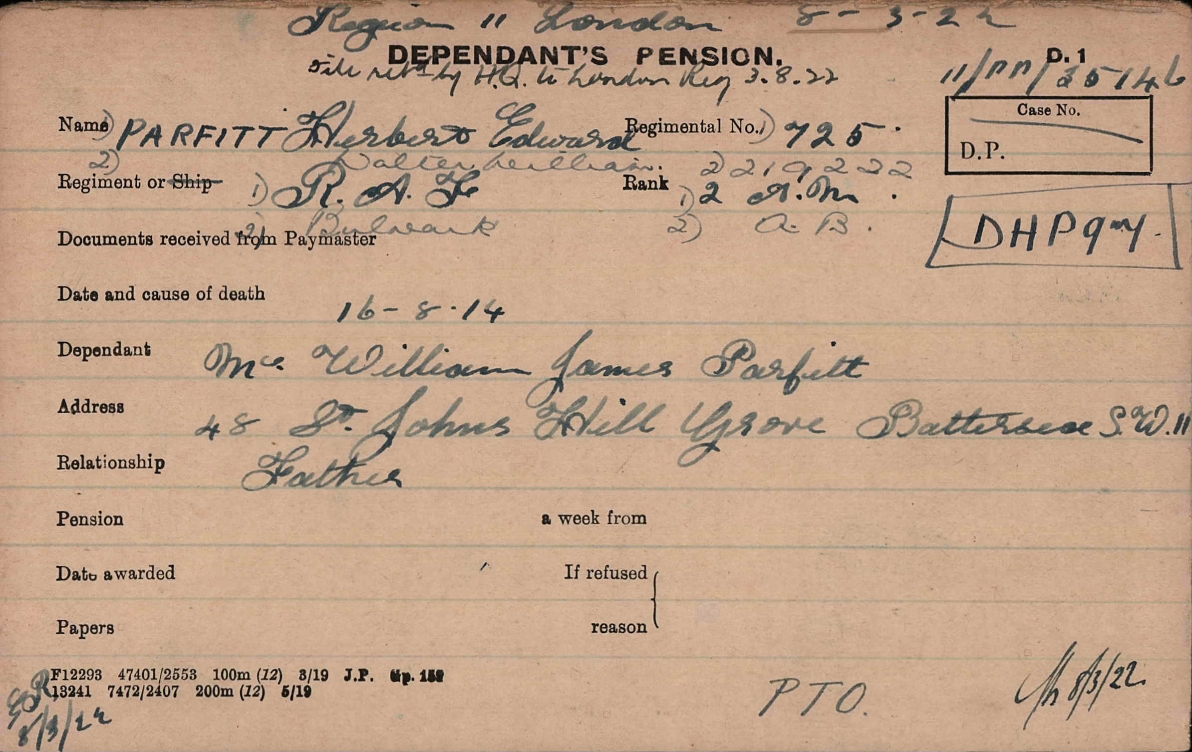 Herbert Parfitt Pension Card