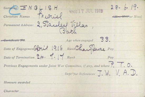 British Red Cross Record For Muriel English