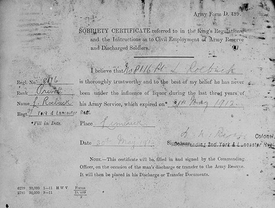 Larrett Roebuck's 'Sobriety Certificate' From His Service Papers,