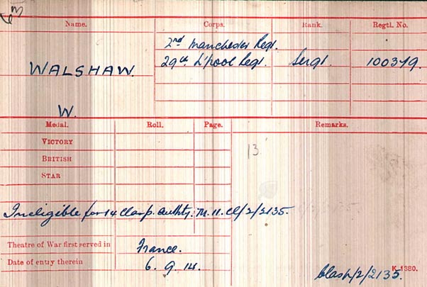 Second Medal Index Card For William Walshaw