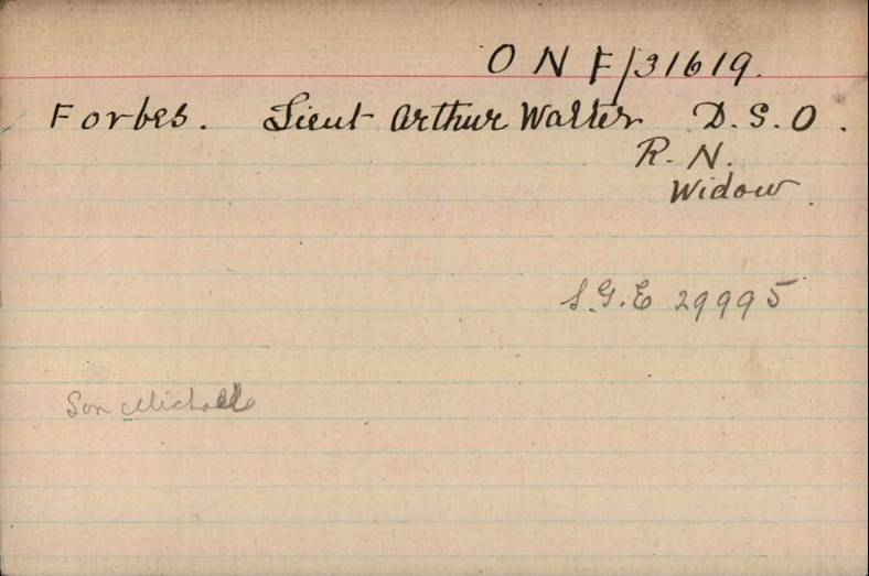 Lieutenant Arthur Walter Forbes DSO Pension Card