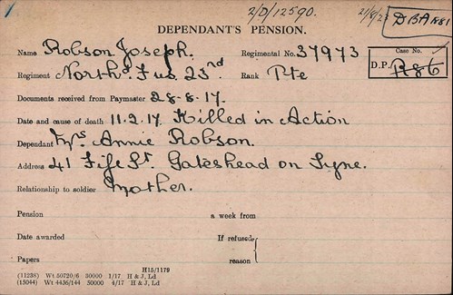 Pension Card For Joseph Robson
