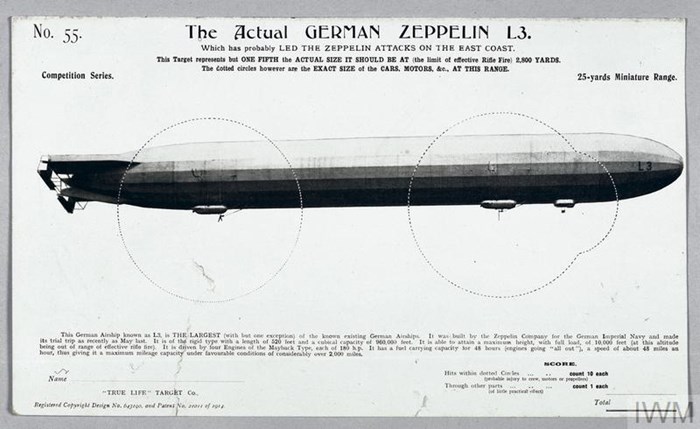 Black And White Printed Card Target Entitled 'The Actual GERMAN ZEPPELIN L3' Depicting A German Zeppelin, The Cars Of Which Are Surrounded By Dotted Circles