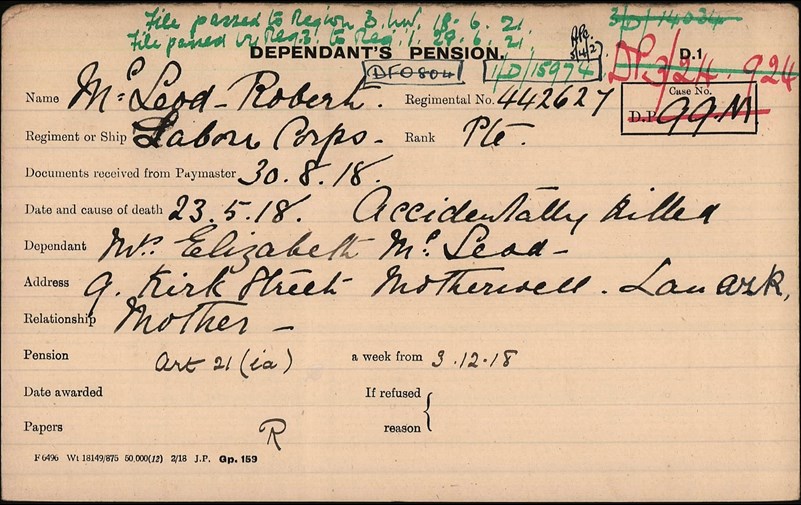 Robert Mcleod Pension Record Card