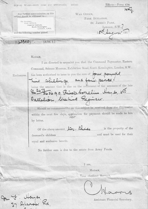 Effects Form 45G, War Office 18Th August 1917