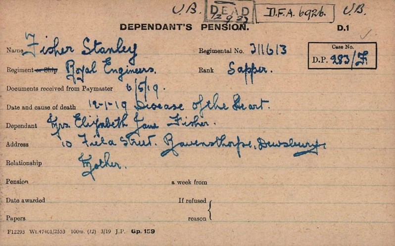 Stanley Fisher Pension Card