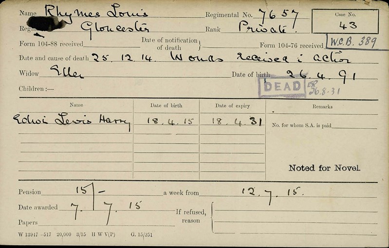 Lewis Rhymes Pension Card