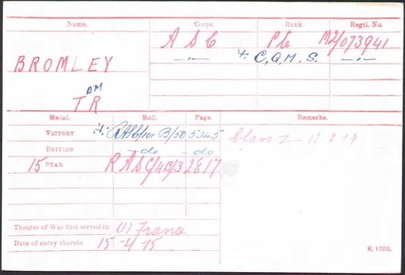 Tom Bromley's Medal Index Card