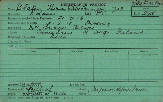 Thomas Patrick Blake Pension Record Card