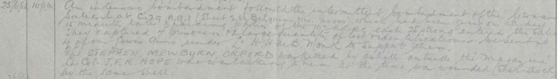 War Diary For 25 June 1916