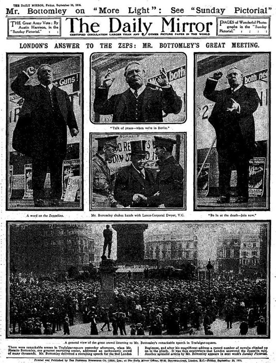 The Trafalgar Square rally was reported in the Daily Mirror the following day, 10 September 1915