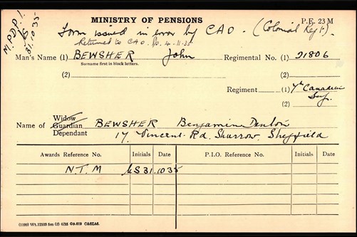John Bewsher Pension Record Card