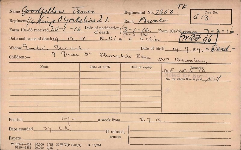 James Midgley Goodfellow Pension Record Card
